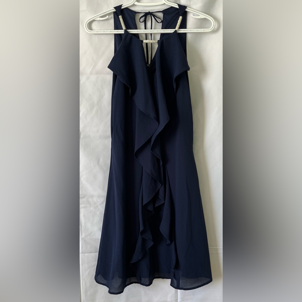 VENUS Navy Blue Ruffle Front Halter Dress Gold Accent Cocktail Mini 10
